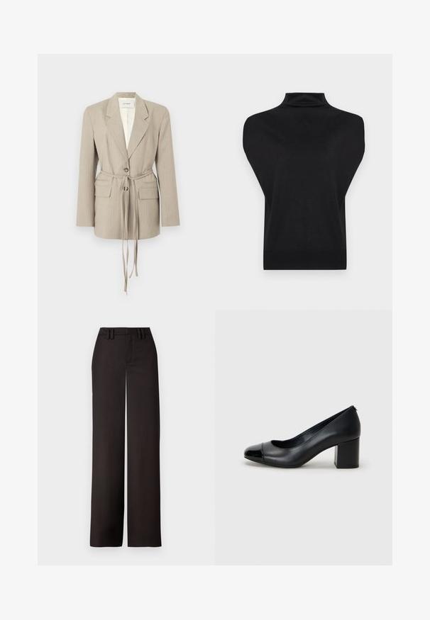 Blazer beige à fines rayures avec revers, un bouton, deux poches à rabat sur le devant, et une longue ceinture en tissu nouée à la taille, présenté sur un fond blanc.; Pull noir sans manches à col roulé avec de larges panneaux aux épaules et un ourlet côtelé ajusté, présenté sur un fond blanc.; Pantalons noirs à jambes larges avec un devant plat, passants de ceinture et une texture lisse, conçus pour un ajustement près du corps. Aucun matériel ou motif visible.; Escarpin en cuir noir avec un capuchon de pied brillant et un talon épais. Texture lisse et design arrondi avec une ouverture subtile à l'avant.