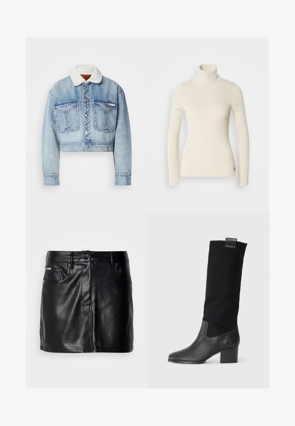 Heled denimpusa heled sinises, mis on varustatud valge, пухлый krae, hõbedaste nööpidega ja kahe esisegmendiga, millel on nähtavad õmblused.; Kreemjas kõrge krae särk, mis on valmistatud ribakudumisest. Omab pikki varrukaid, liibuvaid jooni ja väikest logo allservas. Pehme tekstuur.; Mustast nahast mini seelik, millel on kohandatud disain, ees on taskud, nööpkinne ja sile pind.; Castañer NAOMI - Saapad - black