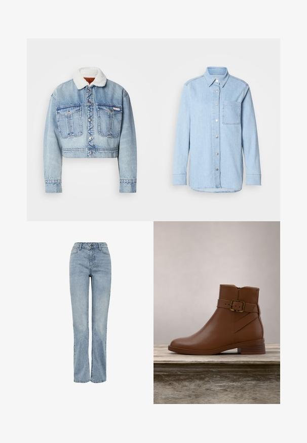 Heled denimpusa heled sinises, mis on varustatud valge, пухлый krae, hõbedaste nööpidega ja kahe esisegmendiga, millel on nähtavad õmblused.; Heledsinine denimsärk nööpidega ees, terava kraega, ühe rinna- taskuga ja pikkade varrukatega, millel on nööbid mansettides.; Hele sinised kõrge värvliga sirgete säärega teksapüksid, esitaskute, vööaasade, lukustamise ja nööpidega valgel taustal.; Pruun nahast pahkluu saabas ümara varba, külgmise pandlaga detaili ja madala kandega. Sile tekstuur loomuliku taustaga.
