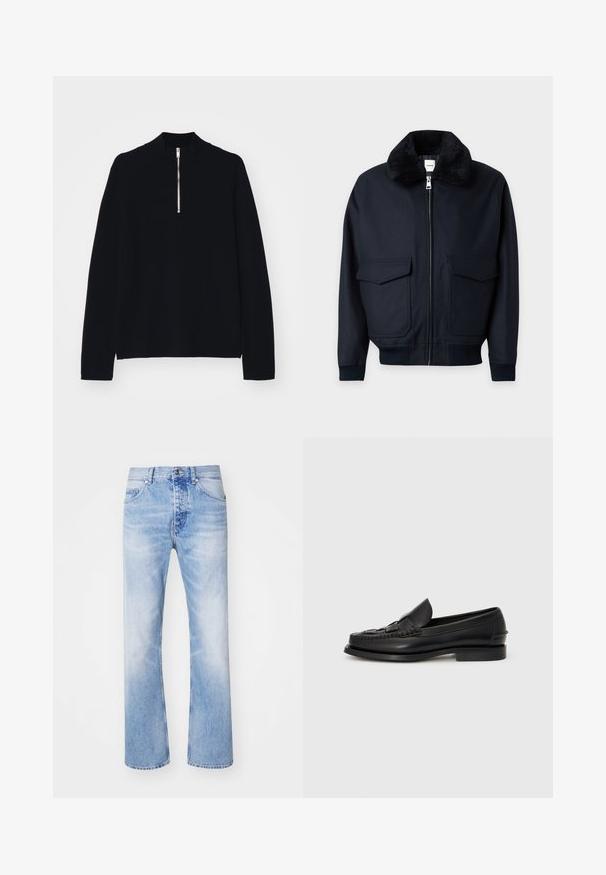 Veste noire zippée avec col doux et pelucheux, deux grandes poches avant à rabat, poignets et ceinture côtelés.; Haut noir à manches longues en matériau doux, avec un col montant et une fermeture éclair mi-haut à l'avant, d'une coupe décontractée.; Jean en denim bleu clair avec une coupe droite, comportant un style classique à cinq poches et un léger dégradé.; Mocassin en cuir noir avec un détail tissé à l'avant, bout arrondi et petit talon. Texture lisse et design minimaliste.