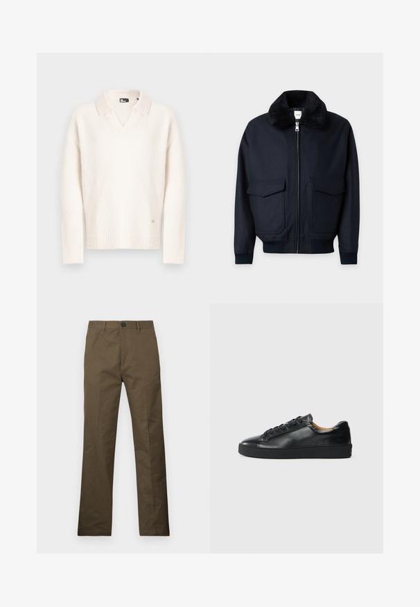 Veste noire zippée avec col doux et pelucheux, deux grandes poches avant à rabat, poignets et ceinture côtelés.; Pull blanc à col en V avec un col, confectionné en matériau doux et texturé. Dispose de poignets et d'un ourlet côtelés, avec un petit logo en bas.; Pantalon en coton brun à coupe droite, avec une fermeture à bouton et des poches latérales, exposé sur un fond blanc.; Baskets en cuir noir avec une texture lisse, bout rond et fermeture à lacets. Comprend une semelle en caoutchouc épaisse et un minimum de détails de marque.
