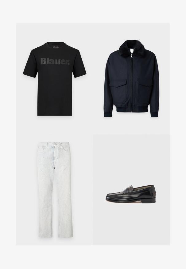 Veste noire zippée avec col doux et pelucheux, deux grandes poches avant à rabat, poignets et ceinture côtelés.; T-shirt noir à manches courtes avec l'inscription "Blauer." en grandes lettres gris foncé sur la poitrine et un col rond.; Jean en denim bleu clair à coupe droite, avec une texture délavée, cinq poches, et une fermeture à bouton et braguette zippée.; Mocassins en cuir noir avec un design de style mocassin, présentant une bande décorative et un détail de couture sur le dessus. Talon bloc bas.