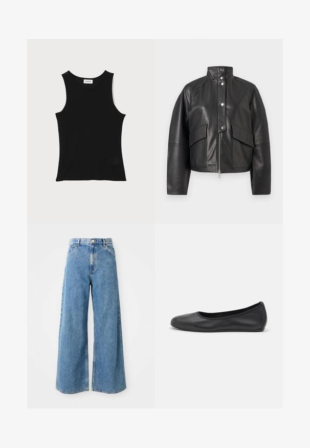 Veste en cuir noir avec col montant, fermeture éclair frontale, boutons-pression et deux grandes poches à rabat sur le devant sur un fond uni.; Débardeur noir à côtes avec un encolure ronde et de larges bretelles, présentant une finition texturée subtile et un petit détail en mesh au bas.; Jean en denim léger bleu clair à taille haute, avec fermeture à boutons et à glissière à l'avant, et poches avant sur fond blanc.; Ballerines en cuir noir avec un bout rond, texture lisse, détails de couture minimalistes et design de semelle flexible.