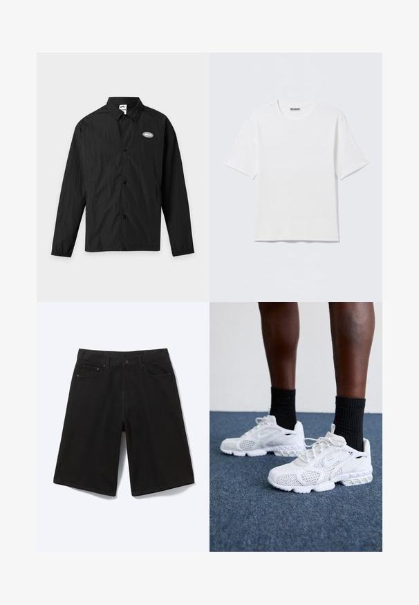 Čierna bunda na zapínanie s golierom a dlhými elastickými manžetami, s malým oválnym logom "Nike SB" na ľavej strane hrudníka.; Jednoduché biele tričko s krátkym rukávom a okrúhlym výstrihom, s malou nálepkou "WEEKDAY" na vnútornej zadnej časti goliera, položené na rovnej ploche.; Čierne rifľové šortky po kolená s predným gombíkom, pútkami na opasok a piatimi vreckami, zobrazené na bielom pozadí.; Biele športové topánky s priedušnou sieťovinou, textúrovanými akcentmi a polstrovanou podrážkou. Kombinované s čiernymi rebrovanými členkovými ponožkami na modrom kobercovom povrchu.
