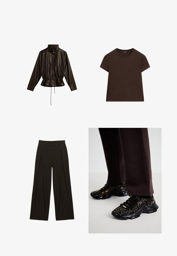 Donkerbruine kunstlederen jas met hoge kraag, drukknoopsluiting aan de voorkant, lange mouwen, trekkoord in de taille en twee voorzakken.; Effen donkerbruin T-shirt met korte mouwen en een ronde hals, rechte zoom, getoond op een witte achtergrond.; Donkerbruine wijde pijpen broek, met plooien aan de voorkant, een gladde tailleband en een gladde, textuurrijke stof.; Zwarte sneakers met gouden spikkels, een gestructureerd oppervlak en een stevige zwarte zool. Gekoppeld aan bruine sweatpants met een slim-fit ontwerp.