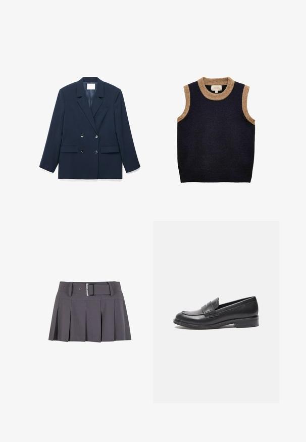 Marineblå dobbeltradet blazer med hakerevers, to forlommer med klap, og fire sorte knapper på hvid baggrund.; Marineblå ærmeløs strikket sweater med beige ribbet rund halsudskæring og ærmegab, med en blød tekstur og en lige kant. Mærke synligt indeni.; Grå plisseret mini skirt med en glat tekstur, der har en bred taljeafsnit, bæltestropper og en rektangulær sølvspænde detalje.; Sorte læderloafer med en glat overflade, rund tå og sidesyning. Har en lav, rektangulær hæl.