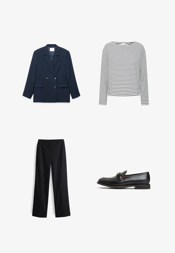Marineblauwe double-breasted blazer met inkeping revers, twee voorzakken met klep en vier zwarte knopen op een witte achtergrond.; Langsleeve top met een bootnek, gemaakt van zachte stof met marineblauwe en witte horizontale strepen. Rechte snit en minimale details.; Zwarte wijde broek met een gladde stof, een platte voorkant, riemlussen en zijzakken, ontworpen voor een relaxte pasvorm.; Zwarte leren instapper met een ronde neus, subtiel ontwerp en een goudkleurige hardware accent aan de voorkant. Platter rubberen zool.