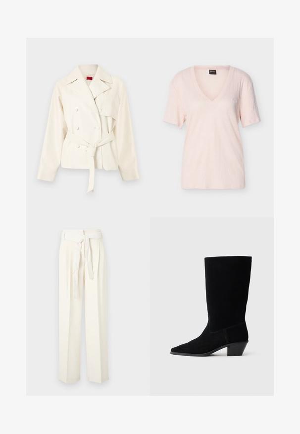 Veste croisée couleur crème avec de larges revers, quatre boutons et une ceinture assortie en tissu nouée à la taille.; Chemise à manches courtes rose clair avec un col en V, logo brodé subtil sur la poitrine et étiquette noire "BOSS" au col.; Pantalons larges de couleur crème avec une taille ceinturée. Fabriqués en tissu doux, avec des plis et une texture lisse sans motifs.; Bottine en daim noir avec un bout pointu, tige de hauteur moyenne et un talon épais. Présente des coutures minimales et une texture lisse.