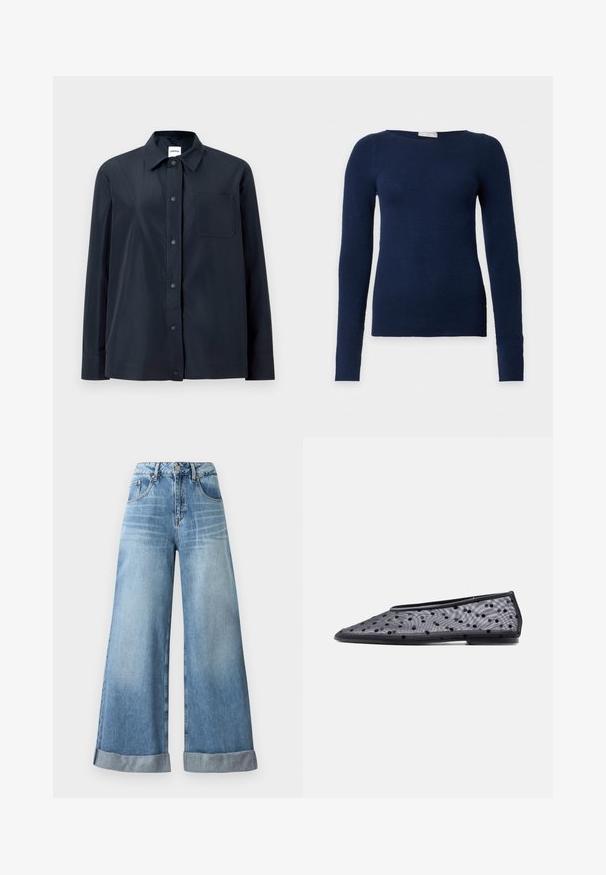 Sort langærmet skjorte med trykknapper foran, en enkelt brystlomme og en spids krave, vist på en ensartet lys baggrund.; Marineblå langærmet tætsiddende sweater med rund halsudskæring og finstrikket tekstur, vist på ensfarvet hvid baggrund.; Lysblå vidbenede jeans i denim med høj talje, der har knaplukning, fem lommer og opfoldede manchetter forneden.; Sort flad sko med spids tå, tyndt stof og sort polkaprikket mønster på en lys baggrund.