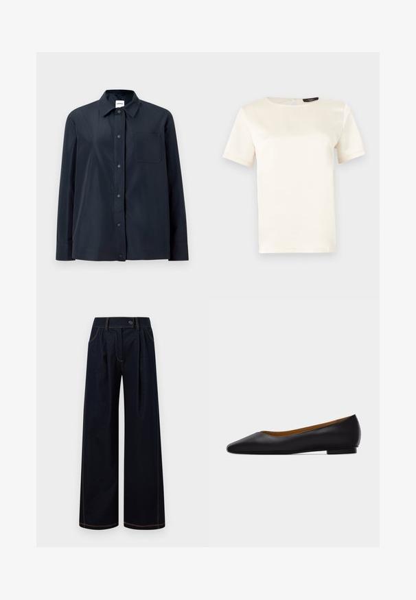 Chemise noire à manches longues avec boutons-pression sur le devant, une poche poitrine unique et un col pointu, présentée sur un fond clair uni.; Haut à manches courtes de couleur crème avec un col rond, une texture lisse et une fermeture au dos avec un trou en forme de goutte. Design classique et minimaliste.; Pantalon large bleu foncé avec plis à l'avant, passants pour ceinture, poches latérales et surpiqûres contrastantes sur fond blanc.; Chaussure plate en cuir noir à bout pointu avec talon bas et finition lisse, vue de côté sur un fond gris clair.