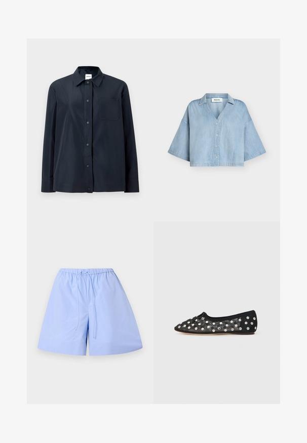 Camisa negra de manga larga con botones a presión en la parte delantera, un único bolsillo en el pecho y cuello puntiagudo, presentada sobre un fondo claro y liso.; Camisa corta de mezclilla azul claro con mangas anchas hasta el codo, botones en el delantero y cuello, mostrada sobre un fondo liso.; Pantalones cortos de algodón azul claro con un patrón a rayas, cinturilla elástica y cordón ajustable. Presentan un ajuste relajado y una textura suave.; Zapato plano negro con punta afilada, hecho de malla con grandes lunares plateados y un pequeño lazo en la parte delantera. Tejido texturizado.