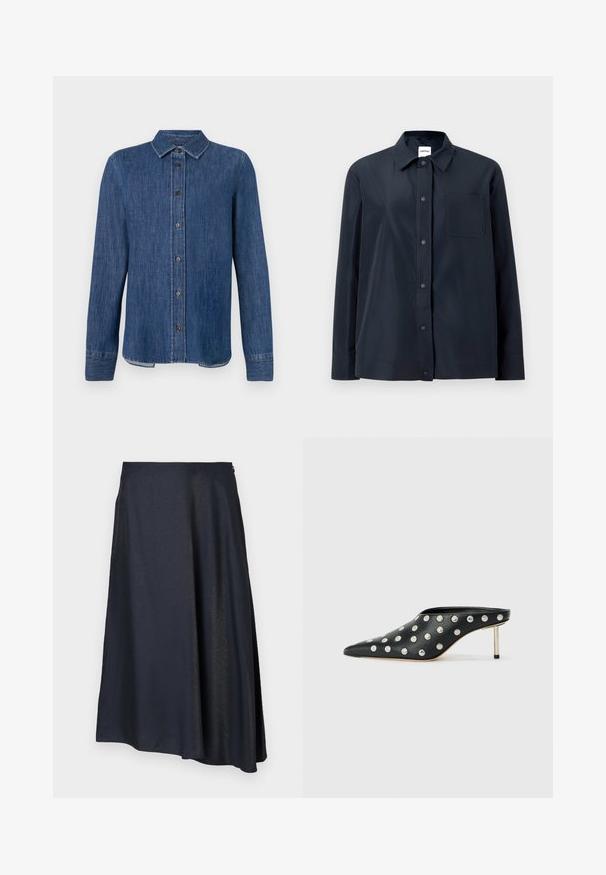 Camisa negra de manga larga con botones a presión en la parte delantera, un único bolsillo en el pecho y cuello puntiagudo, presentada sobre un fondo claro y liso.; Camisa de denim azul oscuro con mangas largas, frente abotonado, cuello clásico y costuras visibles. Presenta un dobladillo recto con ligera curva en los lados.; Falda midi de un azul marino oscuro, hecha de una tela suave y ligeramente elástica. Presenta una forma acampanada y un cierre de cremallera invisible en el costado.; STAND STUDIO KELSEY - Mules de tacón - black