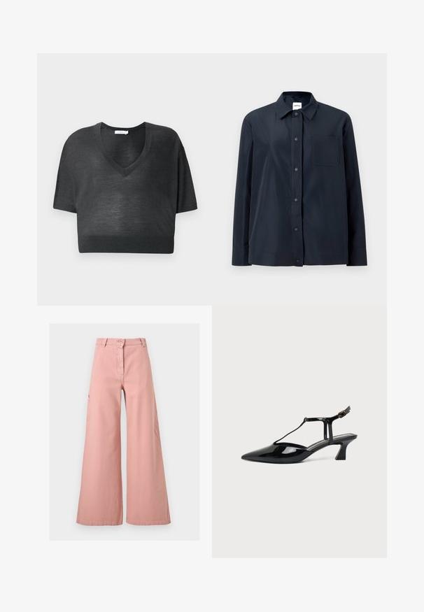 Sort langærmet skjorte med trykknapper foran, en enkelt brystlomme og en spids krave, vist på en ensartet lys baggrund.; Sort cropped T-shirt i let stof med V-hals, korte ærmer og ribbet kant. Minimalistisk design uden mønstre eller accenter.; Bukser med vidde og høj talje i dæmpet pink med knap og lynlås foran, bæltestropper og sidelommer.; Sort laklæder spids tå slingback sko med T-rem og lav skrå blokhæl på hvid baggrund.