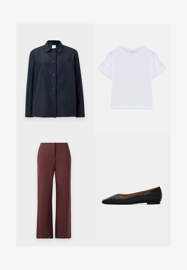Chemise noire à manches longues avec boutons-pression sur le devant, une poche poitrine unique et un col pointu, présentée sur un fond clair uni.; T-shirt blanc court en coton doux, avec un col rond et des manches courtes, d'ajustement légèrement décontracté. Pas de motifs ni d'accents.; Pantalons larges bourgogne en tissu lisse, dotés d'une fermeture éclair, d'un ajustement sur mesure et de lignes épurées pour un aspect structuré.; Chaussure plate en cuir noir à bout pointu avec talon bas et finition lisse, vue de côté sur un fond gris clair.