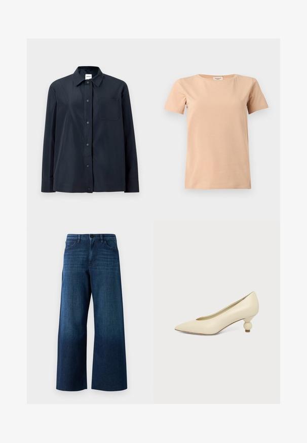Zwart shirt met lange mouwen, voor met drukknopen, een borstzakje aan één kant en een spitse kraag, getoond op een effen lichte achtergrond.; Beige T-shirt met korte mouwen, ronde hals en rechte zoom op een effen lichtgrijze achtergrond.; Brede donkerblauwe spijkerbroek met een voorknop, riemlussen en een klassieke vijf-pocket stijl op een effen achtergrond.; Dames schoen in roomkleur met een puntige neus en een lage, ronde balvormige hak op een effen achtergrond.