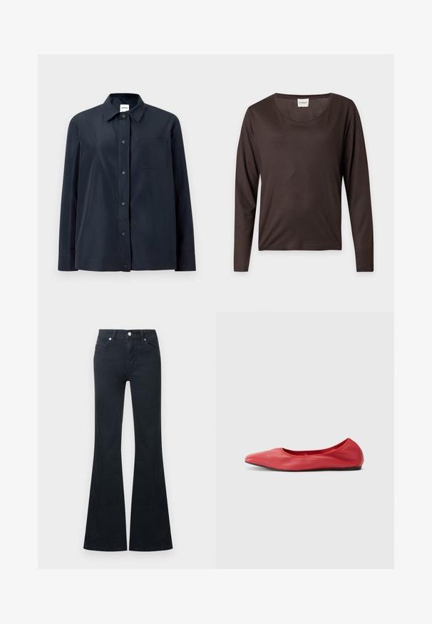 Chemise noire à manches longues avec boutons-pression sur le devant, une poche poitrine unique et un col pointu, présentée sur un fond clair uni.; Chemise à manches longues marron foncé avec encolure ronde, ourlet droit et une petite étiquette blanche indiquant "CLOSED" à l’intérieur du col.; Jean en denim noir évasé avec une taille haute, cinq poches et une fermeture à bouton métallique. Texture lisse et détails de couture contrastés.; Filippa K REY FLATS - Ballerines - bright red