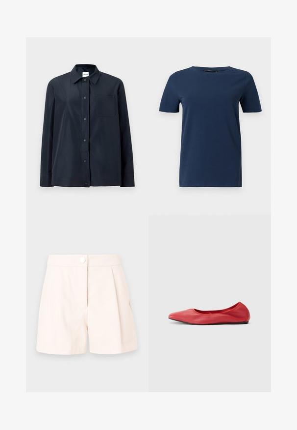 Sort langærmet skjorte med trykknapper foran, en enkelt brystlomme og en spids krave, vist på en ensartet lys baggrund.; Mørkeblå T-shirt med korte ærmer og rund hals, med ensfarvet design og almindelig pasform, vist mod en hvid baggrund.; Beige plisserede shorts lavet af letvægtsstof, med knaplukning og rene, skræddersyede linjer. Glat tekstur og minimalistisk design.; Filippa K REY FLATS - Ballerinasko - bright red