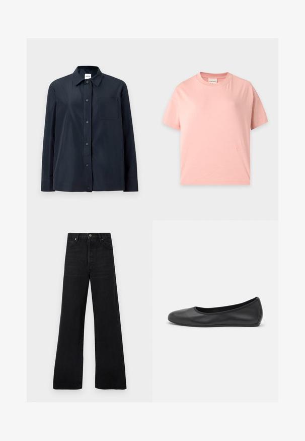 Chemise noire à manches longues avec boutons-pression sur le devant, une poche poitrine unique et un col pointu, présentée sur un fond clair uni.; T-shirt à manches courtes rose clair avec un col rond, une coupe droite et un petit logo brodé ton sur ton près de l’ourlet inférieur.; Jean noir à jambes larges en denim, avec une taille haute, un design à cinq poches et une fermeture par bouton, présentant une texture légèrement délavée.; Ballerines en cuir noir avec un bout rond, texture lisse, détails de couture minimalistes et design de semelle flexible.