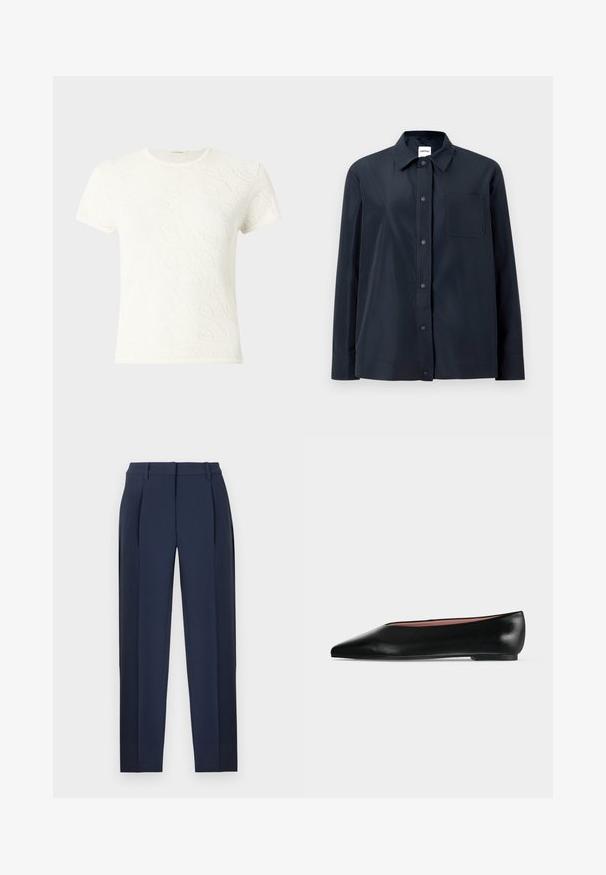 Chemise noire à manches longues avec boutons-pression sur le devant, une poche poitrine unique et un col pointu, présentée sur un fond clair uni.; Haut blanc à manches courtes et col rond avec un motif floral perforé subtil sur le tissu.; Pantalons sur mesure bleu marine avec plis sur le devant, passants pour ceinture et jambes droites, présentés sur un fond blanc.; Chaussure plate en cuir noir pour femme, avec bout pointu et petit talon, vue de côté sur un fond gris clair uni.