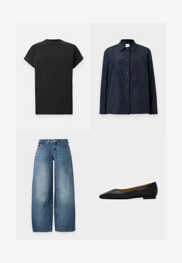 Chemise noire à manches longues avec boutons-pression sur le devant, une poche poitrine unique et un col pointu, présentée sur un fond clair uni.; T-shirt noir à manches courtes avec col rond, coupe décontractée, design uni et col côtelé sur fond blanc.; Jean bleu taille haute à jambe large, cinq poches, fermeture boutonnée et zippée, et détails subtilement délavés sur l'avant des cuisses et des genoux.; Chaussure plate en cuir noir à bout pointu avec talon bas et finition lisse, vue de côté sur un fond gris clair.