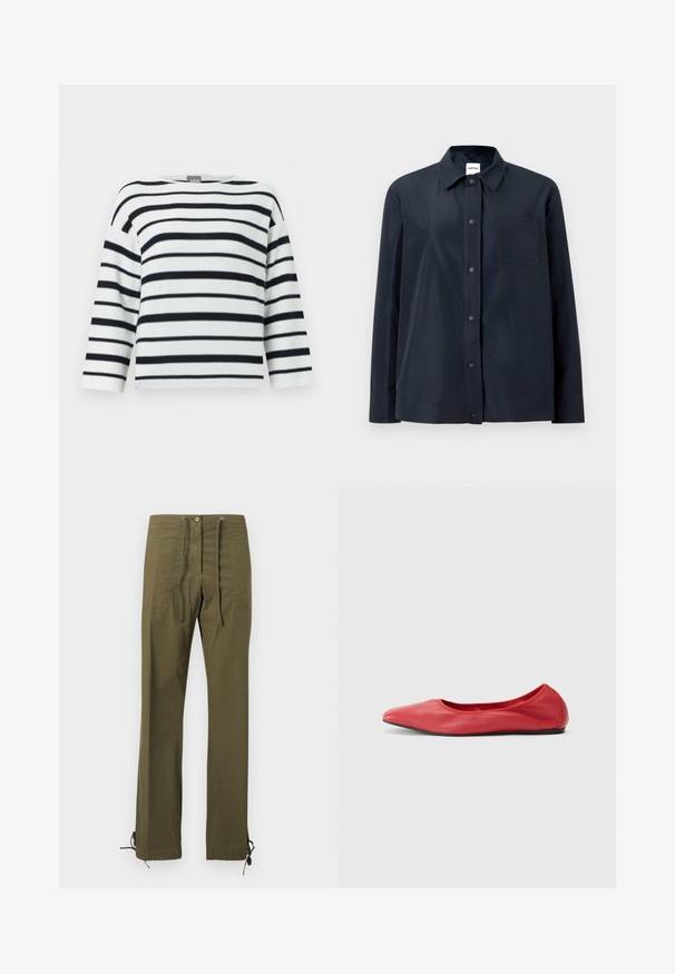 Chemise noire à manches longues avec boutons-pression sur le devant, une poche poitrine unique et un col pointu, présentée sur un fond clair uni.; Chemise blanche à manches longues avec des rayures horizontales noires, encolure ronde et coupe légèrement ample.; Pantalon en coton vert olive à coupe décontractée, avec plis à l'avant, taille à cordon de serrage et liens ajustables aux ourlets pour personnalisation.; Filippa K REY FLATS - Ballerines - bright red