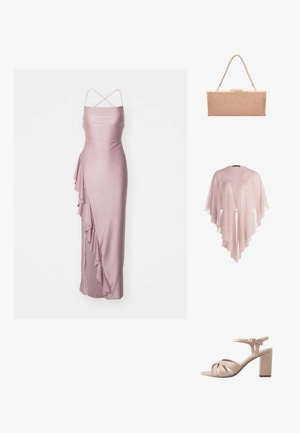 Doorzichtig, lichtroze kimono met vloeiend materiaal, open voorkant en gelaagde, geschulpte randen. Gladde textuur met een delicate glans.; Lang, aansluitend roze satijnen jurk met spaghettibandjes, een zijruffle-detail en een gladde textuur. Klassiek ontwerp voor formele gelegenheden.; Beige lakleren sandaal met open tenen, voorste kruisbandjes, enkelbandje met gespsluiting en een blokhak.; Metalen roségouden clutch tas met een gestructureerd gaasoppervlak, goudkleurige hardware en een dunne, gevlochten schouderriem.
