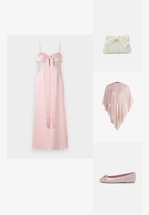 Doorzichtig, lichtroze kimono met vloeiend materiaal, open voorkant en gelaagde, geschulpte randen. Gladde textuur met een delicate glans.; Roze satijnen jurk met smalle bandjes, strikdetail bij de buste en doorschijnende zijkanten. Vloerlengte met een gladde textuur.; Lichtroze lakleren ballerina met afgeronde neus, gedraaide koordstrik aan de voorkant en lage beige zool op een witte achtergrond.; Witte geplooide clutchtas met een opvallende strikdetail en een gouden kettinghengsel. Zachte textuur met een geplooid ontwerp aan de voorkant.