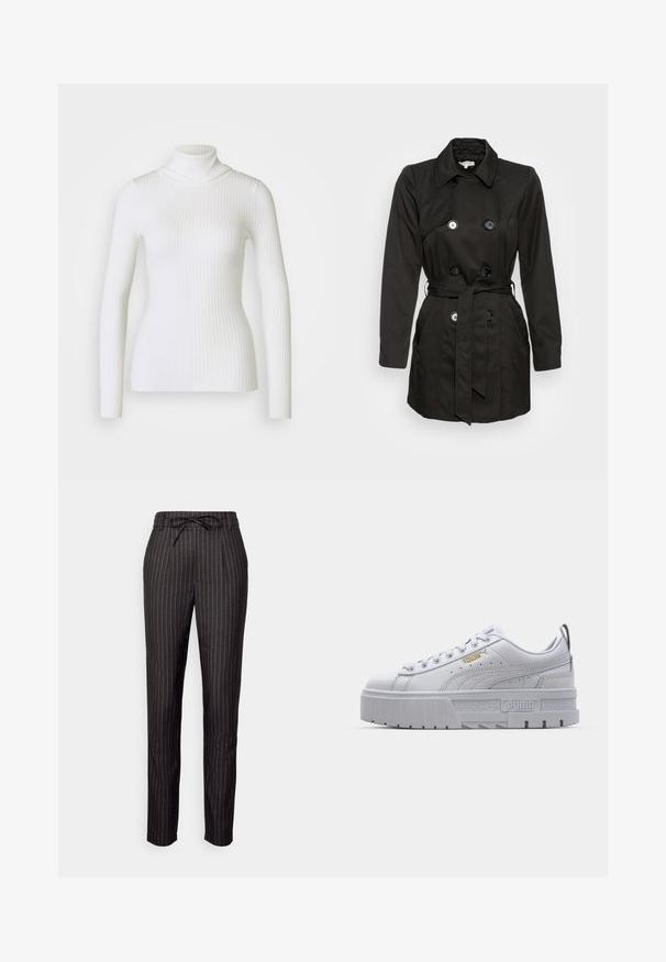 Manteau noir en trench avec un design à double boutonnage, de grands boutons, une ceinture à la taille et un col cranté. Texture de tissu lisse.; Pull en maille côtelée blanche avec col roulé et manches longues, présentant un design ajusté et une texture douce. Col plat et look sans couture.; ONLY Tall ONLPOPTRASH NAJA FINE STRIPE PANT - Pantalon classique - dark grey melange stripes/white stripe; Baskets plateformes blanches avec une tige en cuir lisse, un col rembourré, une semelle en caoutchouc grise et des accents dorés arborant le logo Puma.