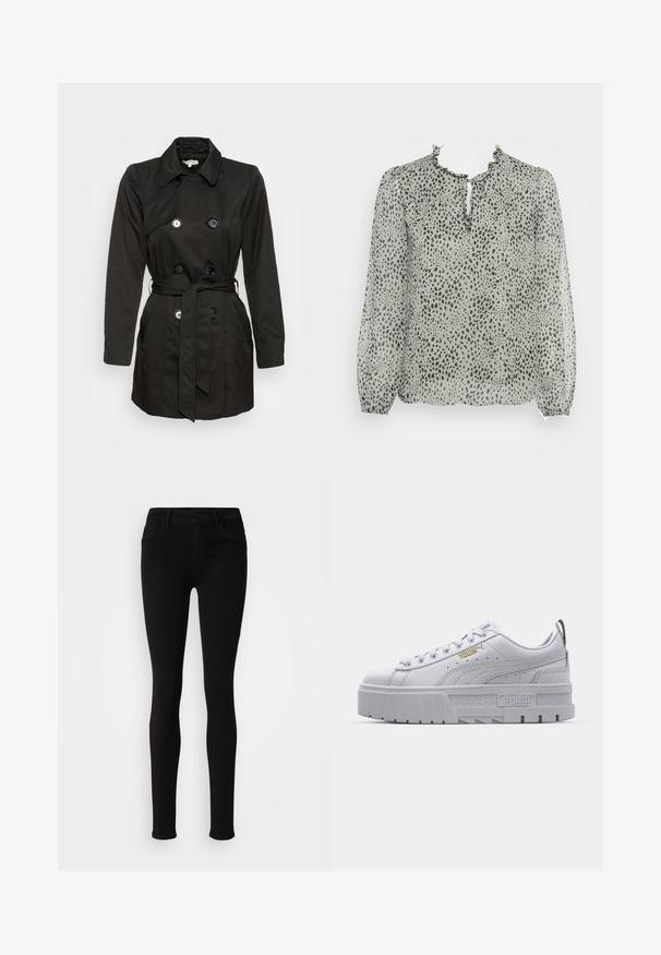 Zwarte trenchcoat met een dubbelzijdig ontwerp, grote knopen, een riem in de taille en een notch-kraag. Glad textuur van de stof.; ONLY ONLDITSY BLOUSE - Blouse - seagrass aop/dot leo; Zwarte slim-fit broek met knoopsluiting, riemlussen en zijzakken, weergegeven tegen een effen lichte achtergrond.; Witte platform sneakers met een leren bovenwerk, gevoerde kraag, grijze rubberen zool en gouden accenten met het Puma-logo.