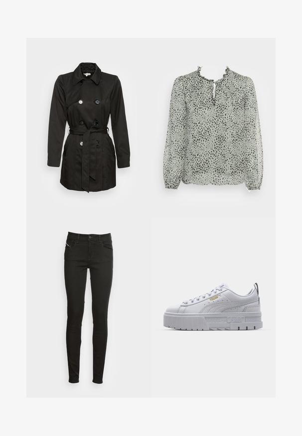 Čierny trenčkot s dvojakým zapínaním, veľkými gombíkmi, pásom v oblasti pásu a klopovým golierom. Hladká textúra látky.; ONLY ONLDITSY BLOUSE - Blúzka - seagrass aop/dot leo; Čierne slim-fit džínsy s prednými vreckami, pútkami na opasok, gombíkovým zapínaním a zipsom, zobrazené na bielom pozadí.; Biele platformové tenisky so hladkým koženým zvrškom, polstrovaným golierom, šedou gumovou podrážkou a zlatými akcentami, v ktorých sa nachádza logo Puma.