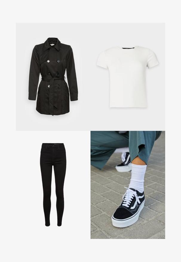 Manteau noir en trench avec un design à double boutonnage, de grands boutons, une ceinture à la taille et un col cranté. Texture de tissu lisse.; T-shirt blanc à manches courtes en maille côtelée avec col rond, présenté sur un fond uni gris clair.; Jean skinny en denim noir avec une taille haute, design à cinq poches, passants de ceinture et détails de couture subtils. Texture lisse, forme ajustée.; Baskets en suède noir avec des accents et des lacets blancs, présentant une épaisse semelle blanche et des coutures contrastantes, associées à une chaussette blanche.