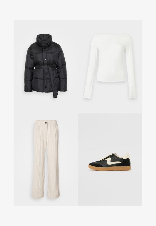 Veste en duvet noire avec un col haut, des fermetures à boutons et une ceinture nouée à la taille. Présente une finition matelassée et brillante.; Haut blanc à manches longues, fabriqué en tissu lisse. Présente un col bateau et une silhouette ajustée, sans motifs ni accents visibles.; Pantalon large beige clair à rayures verticales, avec ceinture élastique et fermeture à bouton. Fabriqué en tissu texturé pour une coupe décontractée.; Baskets en daim et cuir noir avec un swoosh latéral crème et un talon crème clair. Dotées de lacets beige et d'une semelle en caoutchouc gomme.