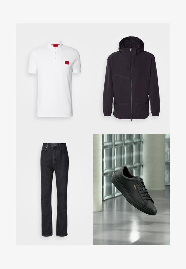Chaqueta con capucha negra, hecha de material ligero, con cremallera frontal, puños elásticos y acentos de rayas horizontales.; Camisa polo blanca de algodón, con un ribete de tres botones, mangas cortas y un parche de logo rectangular rojo en el lado izquierdo del pecho.; Jeans de mezclilla negros de cintura alta con cierre de botón y cremallera, bolsillos frontales y traseros, y corte recto.; Zapatilla baja de piel negra con cordones negros y logo dorado BOSS en el lateral, flotando sobre un suelo gris brillante en un espacio interior moderno.