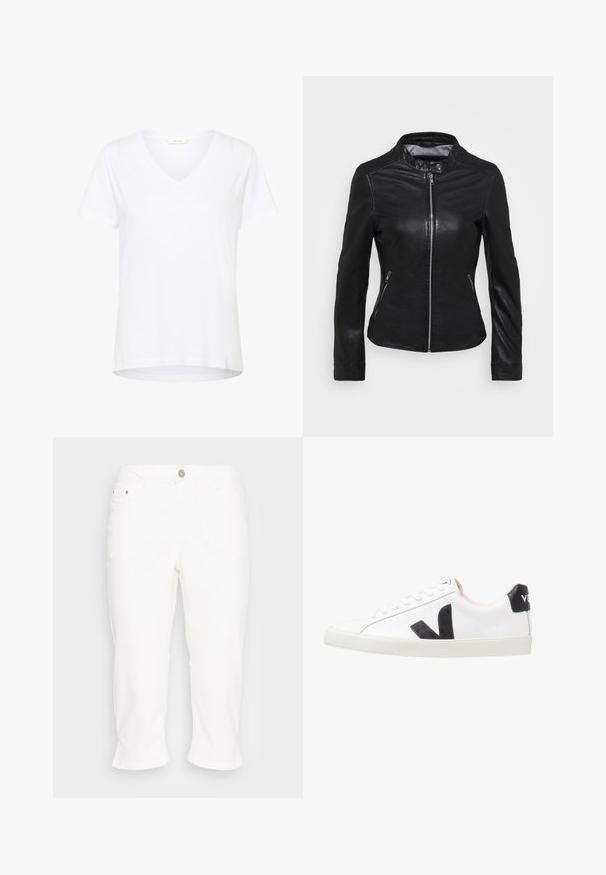 Oakwood LINA - Veste en cuir - black; T-shirt blanc à manches courtes avec un col en V, en tissu doux, doté d'une coupe décontractée et d'un ourlet droit avec des détails de couture minimaux.; Kaffe KAZELINA - Jean droit - chalk; Baskets blanches avec un logo V noir, présentant un dessus en cuir lisse, un bout rond, un système de laçage et un empiècement au talon noir contrastant.