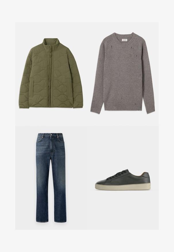 Olivgrüne gesteppte Jacke mit hohem Kragen, die von einem Wellenmuster sowie seitlichen Taschen mit vertikalen Ripp-Elementen geziert wird. Langlebiger Stoff.; Grauer Strickpullover mit Rundhalsausschnitt, gerippten Bündchen und Saum, der subtile Used-Details an den Schultern und am unteren Rand aufweist.; Dunkelblaue Denim-Jeans mit geradem Bein, sichtbaren Nähten, Five-Pocket-Design und silberner Knopfverschluss an der Taille.; Schwarzer Low-Top-Lederschuh mit schwarzen Schnürsenkeln und cremeweißer Gummisohle, von der Außenseite vor weißem Hintergrund gesehen.