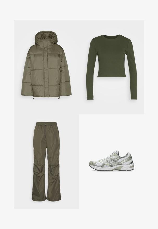 Monki Abrigo de invierno - khaki green; GAP ULTRA CROP RIB TEE - Camiseta de manga larga - khaki; Even&Odd by Zalando Pantalones - khaki; Zapatilla de correr blanca con parte superior de malla, acentos metálicos plateados, capuchón de talón gris y suela de goma. Presenta un diseño texturizado y cordones.