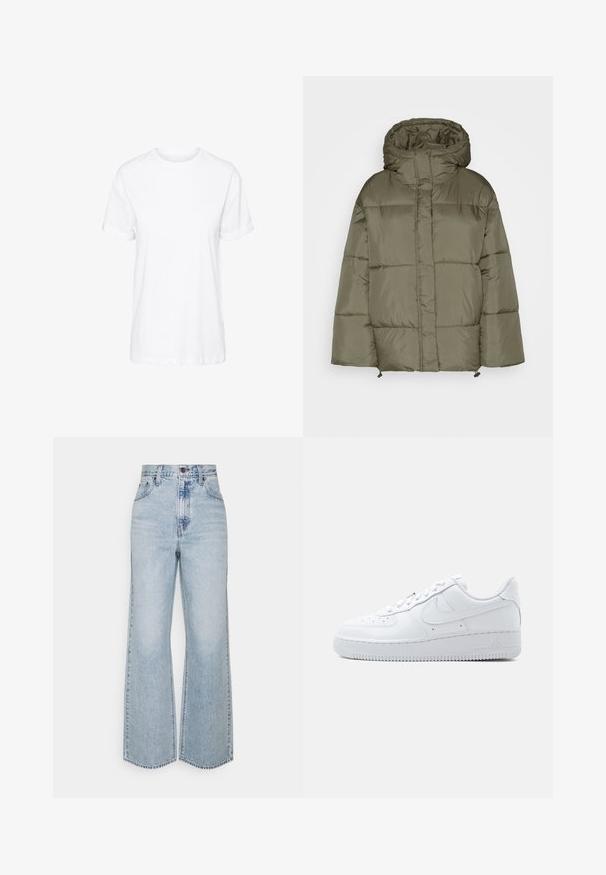 Monki Zimný kabát - khaki green; Biela bavlnená tričko s krátkymi rukávmi, okrúhlym výstrihom a voľným strihom, s hladkou textúrou a bez viditeľných vzorov.; Svetlo modré dámske džínsy s širokými nohavicami, vysokým pásom, klasickým dizajnom piatich vreciek a kontrastným šitím. Detail surového lemu na spodnej časti.; Biela nízka teniska Nike Air Force 1 so šnurovaním, perforovanou špičkou a charakteristickým logom Swoosh na boku.