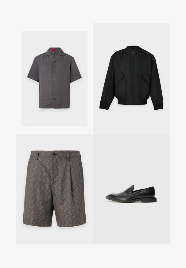 Veste bomber noire avec fermeture éclair sur le devant, poches à rabat avec boutons-pression, poignets et ceinture côtelés, posée à plat sur un fond clair.; Chemise gris foncé à manches courtes avec boutons, motif chevron subtil et col camp, avec une étiquette rouge HUGO à l’intérieur de l’encolure.; Shorts gris avec un motif chevron subtil comprenant des lignes diagonales marron clair et jaunes, fermeture à bouton et passants pour ceinture.; Mocassins en cuir noir avec une texture lisse, un nez pointu et un petit talon rectangulaire. Présente un détail de bande horizontale sur le dessus.