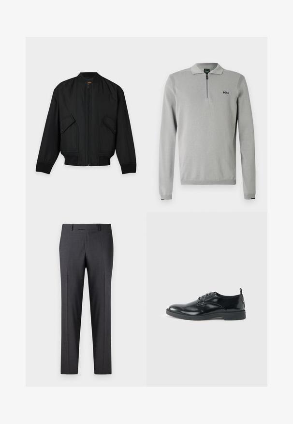 Schwarze Bomberjacke mit Frontreißverschluss, Klappentaschen mit Druckknöpfen, gerippten Bündchen und Bund, flach auf hellem Hintergrund liegend.; Grauer Pullover mit Reißverschlusskragen, mit gerippten Akzenten an Schultern und Bündchen. Mit kleinem schwarzem "BOSS"-Logo auf der Brust.; Maßgefertigte dunkelgraue Hosen aus einem glatten, strukturierten Stoff; mit flacher Vorderseite und geraden Beinen; minimalistisches Design ohne sichtbare Akzente.; Glänzender schwarzer Lederschuh mit niedrigem Absatz, Schnürverschluss und runder Kappe, seitlich auf hellem, schlichten Hintergrund gezeigt.
