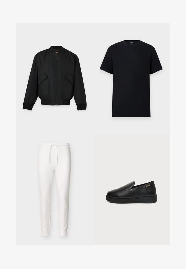 Veste bomber noire avec fermeture éclair sur le devant, poches à rabat avec boutons-pression, poignets et ceinture côtelés, posée à plat sur un fond clair.; T-shirt noir à manches courtes avec encolure ronde, présentant une texture subtile à côtes verticales, posé à plat sur un fond gris clair.; Pantalon jogger blanc à coupe slim avec taille élastique et cordon de serrage, poignets côtelés aux chevilles, présenté sur un fond uni.; Chaussure noire en cuir à enfiler avec semelle épaisse et petits trous de ventilation latéraux, avec un logo doré "HUGO" près du talon.