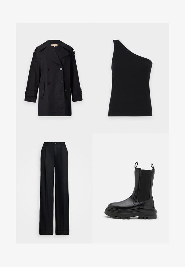 Must musta kahekordne trench coat laia kraega, nuppude ja küljetaskutega. Valmistatud siledast kangast, sirge lõike ja mansettidega varrukatega.; Ühe õla must ribakanga tank top, millel on vormikujundus ja pehme tekstuur. Omab puhtat, minimalistlikku lõiget ja sujuvat kaelust.; Mustad laiad püksid mustas värvuses, millel on sile viimistlus, lame esiosa, vöökohas vöölõngad ja ühekordne nööp sulgemiseks.; Musta pahkluu kott, millel on läikiv nahkviimistlus, elastsed külgpaneelid, tõmbehelmed ja paks tekstuuriga kummitald. Massiivne disain, sujuv siluett.