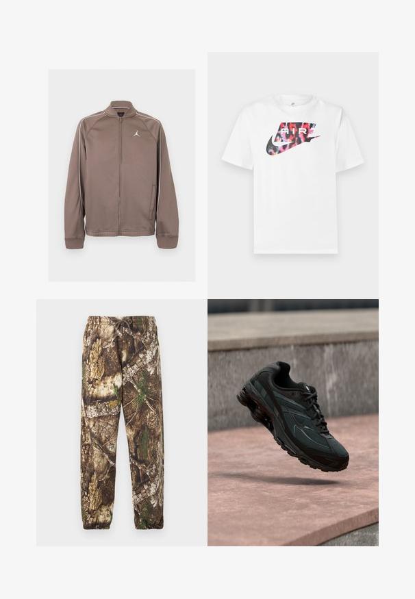 Brun sportsoverdel med lynlås med hvide piping på ærmerne og lille hvid Jumpman-logo på venstre bryst, med ribstrikkede manchetter og krave.; Hvid T-shirt med korte ærmer med en stor Nike-logo i sort og flerfarvet leopardmønster samt ordet "AIR" inde i logoet.; Camo sweatpants med et brunt og grønt naturligt mønster, der har en elastisk talje med snore og elastiske manchetter ved anklerne.; Sort atletisk sneaker med synligt luftdæmpende mellemsål, der svæver over en pink stenoverflade med en grå stenvæg i baggrunden.