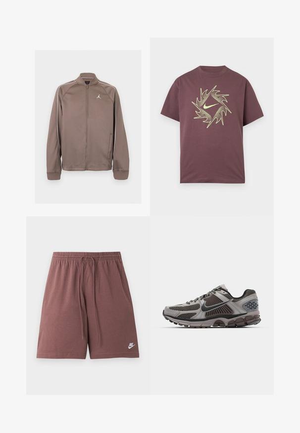 Hnedá športová bunda na zips s bielym lemovaním na rukávoch a malým bielym logom Jumpman na ľavej strane hrudníka, s rebrovanými manžetami a golierom.; Krátke rukávy vínovočervené tričko s neónovo žltým abstraktným ostnatým kruhovým vzorom a centrálnym logom Swoosh na hrudi.; Hnedé šortky Nike s elastickým pásom a šnúrkou, s malým bielym logom Nike na spodnej ľavej nohe.; Svetlo šedé a tmavohnedé bežecké topánky s detailmi zmesi, štruktúrovaný dizajn a hrubá gumená podrážka. Obsahuje logo Nike swoosh a textúrované akcenty.