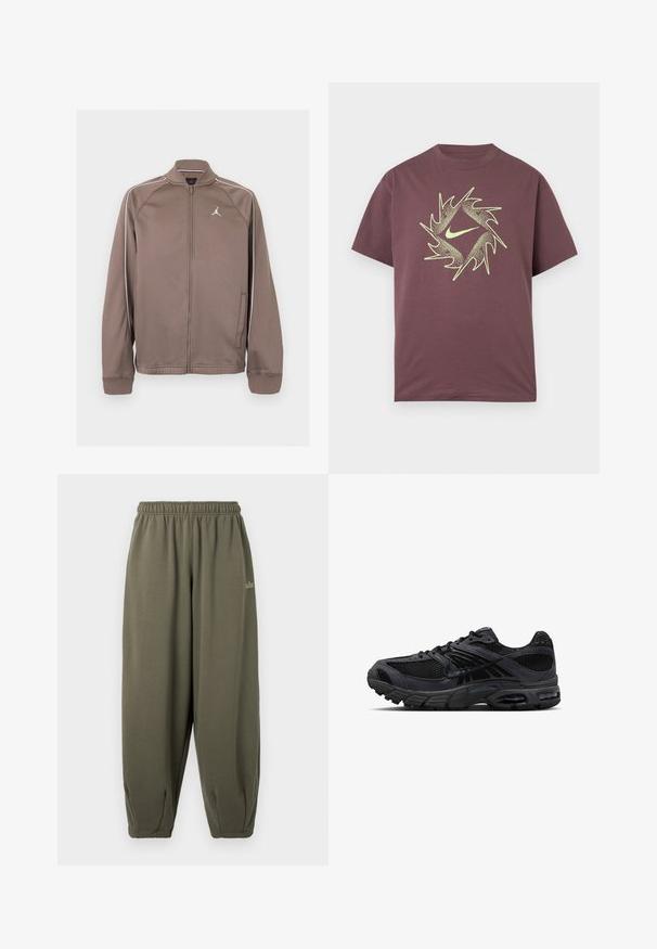 Brun sportsoverdel med lynlås med hvide piping på ærmerne og lille hvid Jumpman-logo på venstre bryst, med ribstrikkede manchetter og krave.; Kortærmet bordeaux T-shirt med et abstrakt, neon gult, spidset cirkeldesign og en central swoosh-logo på brystet.; Grågrønne sweatpants med elastisk talje og manchetter. Har minimal branding i matchende tråd på siden. Blød tekstur.; Sort og mørkegrå Nike løbesko med mesh-stof, ruskindsoverlejring, polstret sål og synlige luftenheder i hæl og forfod.