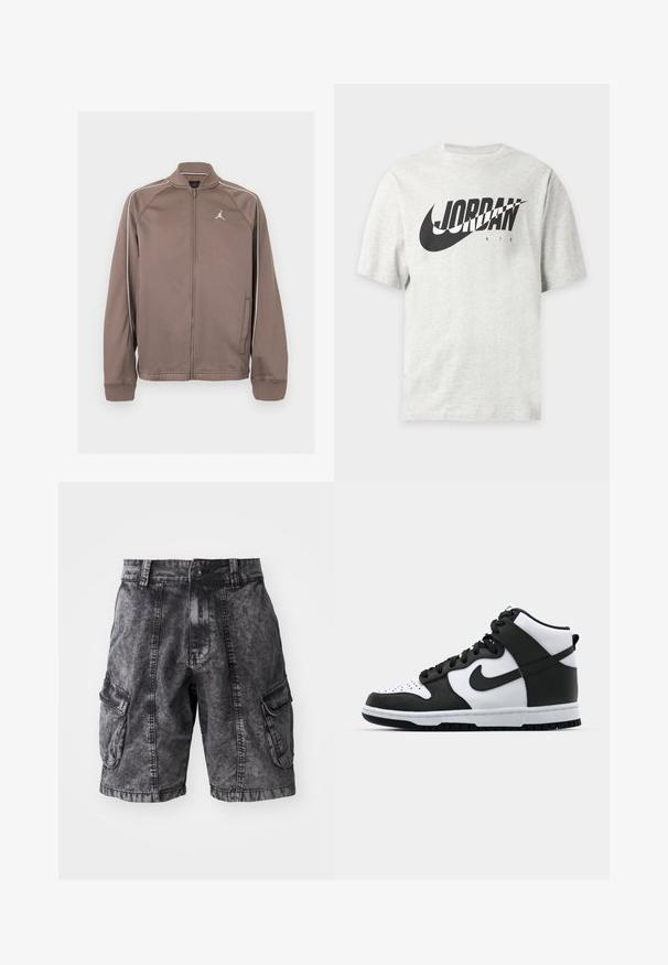 Veste de sport marron zippée avec passepoils blancs sur les manches et petit logo Jumpman blanc sur la poitrine gauche, avec poignets et col côtelés.; T-shirt gris clair à manches courtes avec le logo Nike noir et le texte "JORDAN AIR" à l'avant.; Shorts cargo en denim noir avec une texture délavée, deux poches latérales et une fermeture à bouton. Longueur genoux avec des coutures renforcées.; Baskets montantes noir et blanc avec tige en cuir, boîte à orteils perforée, logo swoosh proéminent et semelle en caoutchouc texturée.