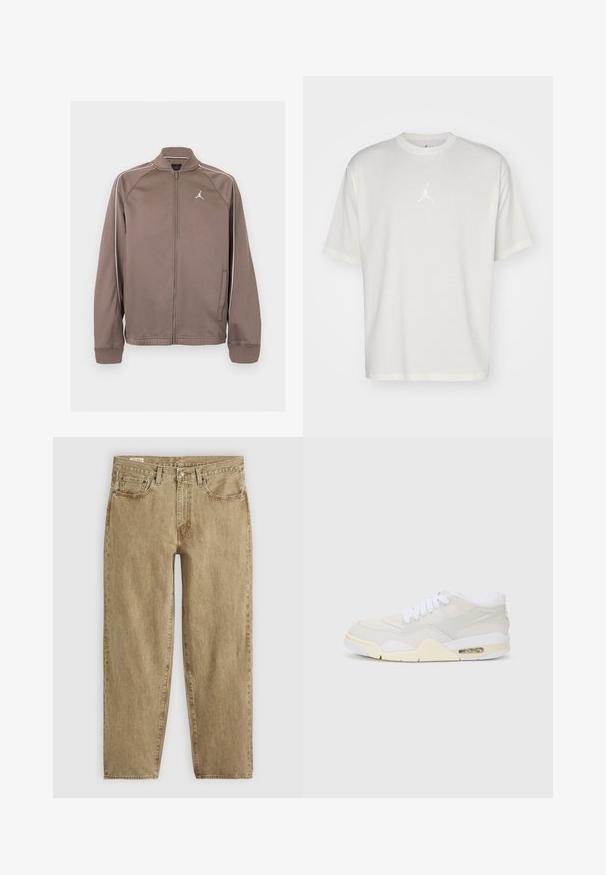 Brun sportsoverdel med lynlås med hvide piping på ærmerne og lille hvid Jumpman-logo på venstre bryst, med ribstrikkede manchetter og krave.; Hvid bomulds t-shirt med rund halsudskæring, korte ærmer og et lille broderet logo i midten. Løst fit design med minimal syning.; Beige denimjeans med en afslappet pasform, fem-lomme design, synlige sømme og en let falmet tekstur; knap- og lynlås lukning.; Sko med en lys beige syntetisk overdækning, hvide snørebånd og synlig dæmpning. Har en glat sål og subtile sideaksenter.