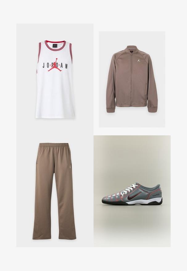 Chaqueta deportiva marrón con cremallera, ribetes blancos en las mangas y pequeño logo blanco Jumpman en el pecho izquierdo, con puños y cuello acanalados.; Camiseta blanca sin mangas de baloncesto con ribete rojo, con texto negro "JORDAN" y logotipo rojo de Jumpman en el centro.; Pantalones marrones casual de corte holgado con cintura elástica y bolsillos laterales, con un pequeño logo blanco en el muslo derecho.; Zapatilla de fútbol sala Nike Total 90 III en color gris, con cordones blancos, suela negra, costuras rojas y logo swoosh negro en el lateral.