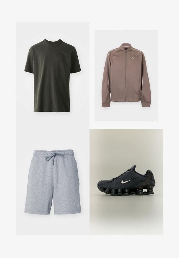 Chaqueta deportiva marrón con cremallera, ribetes blancos en las mangas y pequeño logo blanco Jumpman en el pecho izquierdo, con puños y cuello acanalados.; Camiseta verde oscura de tela suave, con cuello redondo y mangas cortas. Logo "nike" bordado en un verde ligeramente más oscuro.; Pantalones cortos de sudadera grises, hechos de una tela suave, con una cinturilla elástica que incluye un cordón y un logotipo sutil en la parte inferior de la pierna izquierda.; Zapatilla de running negra Nike con logo blanco Swoosh y diseño único de suela tipo resorte sobre un fondo liso y claro.