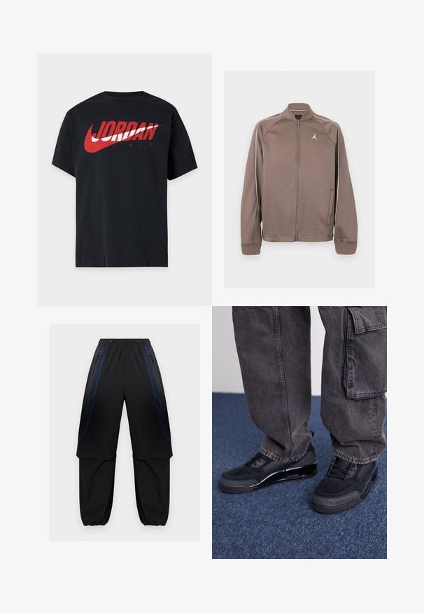 Veste de sport marron zippée avec passepoils blancs sur les manches et petit logo Jumpman blanc sur la poitrine gauche, avec poignets et col côtelés.; T-shirt noir à manches courtes avec un grand logo Jordan Air rouge et blanc sur la poitrine.; Pantalon cargo noir et bleu foncé avec taille et poignets élastiques, doté de poches latérales zippées et de panneaux en tissu superposés sur les cuisses.; Des chaussures de sport noires avec une surface texturée, des accents lisses et une semelle épaisse, accompagnées de pantalons cargo larges et foncés.