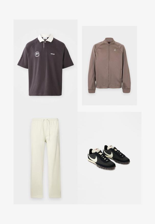 Braune Sportjacke mit Reißverschluss, weißen Paspelierungen an den Ärmeln und kleinem weißem Jumpman-Logo auf der linken Brustseite, mit gerippten Bündchen und Kragen.; Dunkelgrau Poloshirt mit einem weißen Kragen, gesticktem Logo auf der Brust und kurzen Raglanärmeln. Hergestellt aus weichem Material.; Hellbeige Jogginghose mit Kordelzug in der Taille, aus weichem Material. Verfügt über ein dezentes Nike-Logo in Weiß auf dem linken Oberschenkel.; Schwarze Sportschuhe mit einer strukturierten Oberseite, weißem Swoosh-Logo und einer Gummisohle, die mit kleinen Noppen für besseren Halt ausgestattet ist. Beigefarbener Kragen.